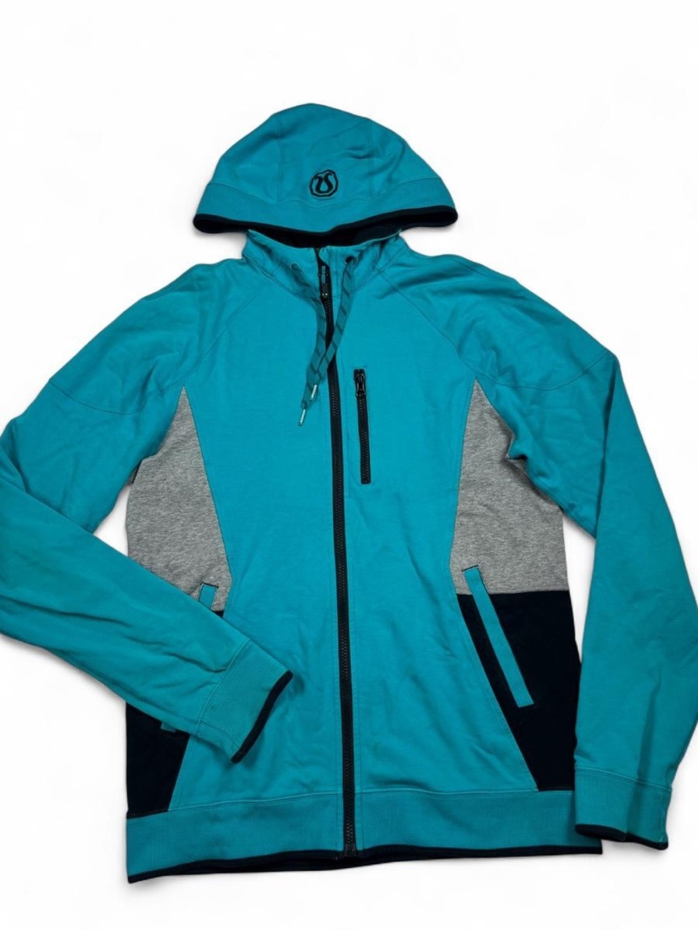 Lululemon Men Athletic Full Zip Hooded Training Jacket Teal Grey Colorblock L